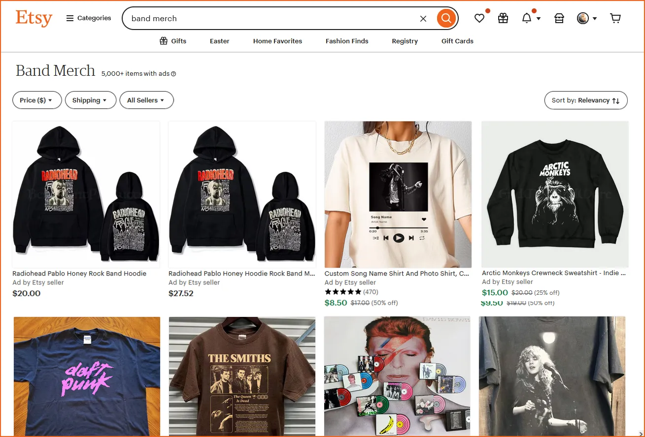 Etsy band merch page