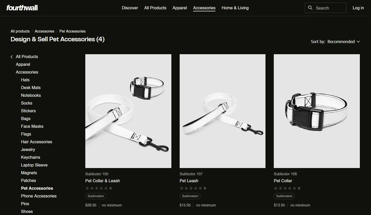 Screenshot of Fourthwall's pet accessories page