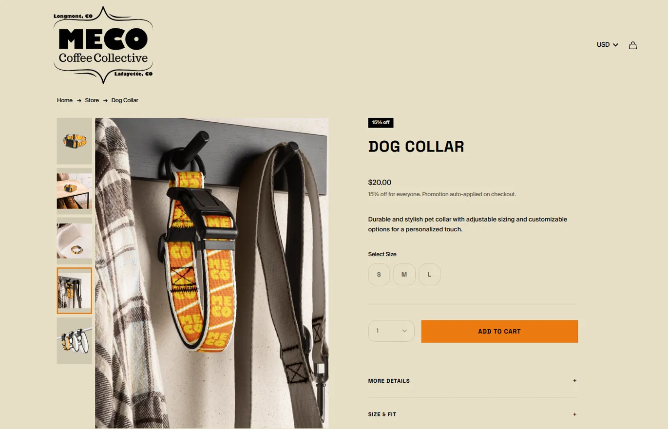 Screenshot of MeCo Coffee's customized dog collar