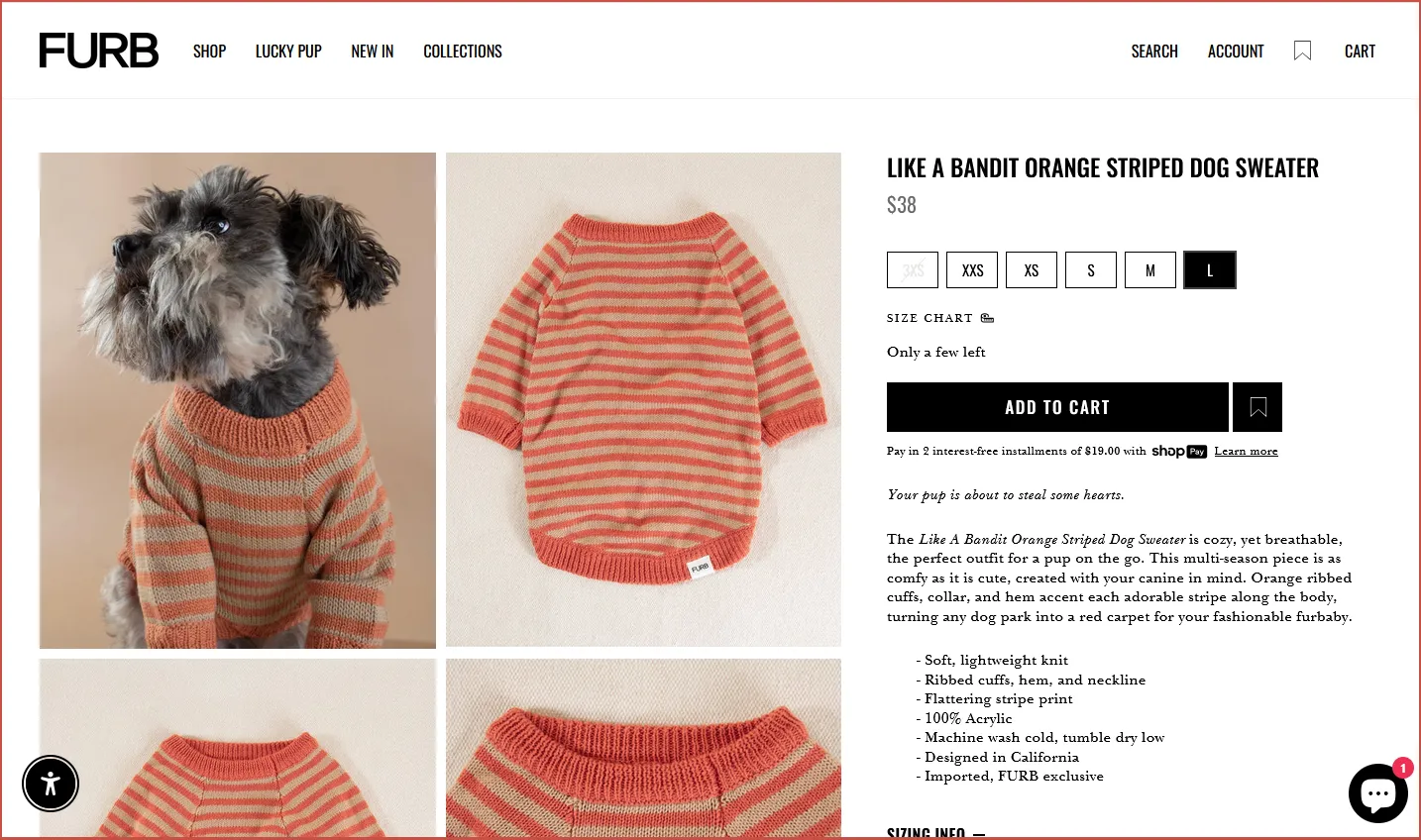 Screenshot of a dog wearing a striped sweater on the Furb website