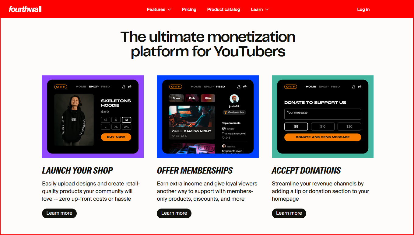 Screenshot showing the benefits of Fourthwall for YouTubers