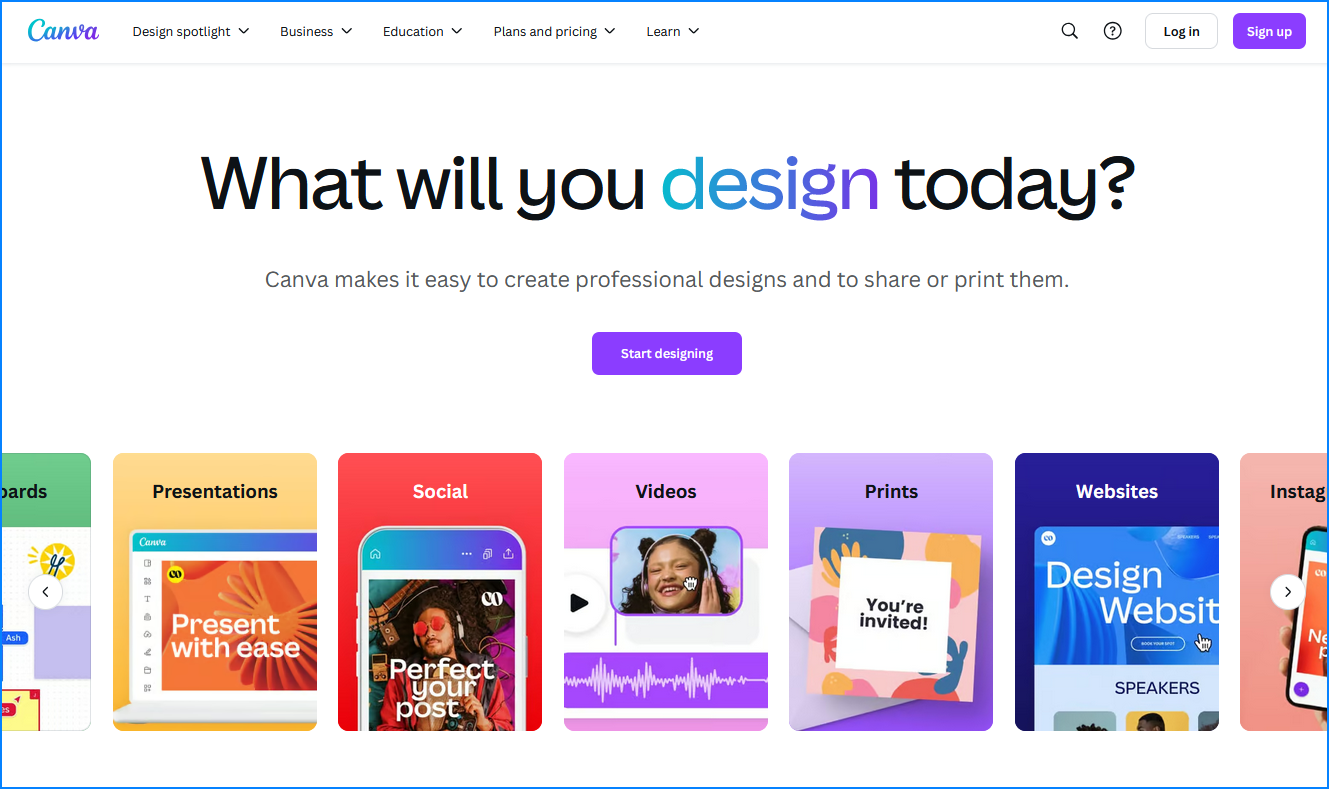 Front page of Canva design website