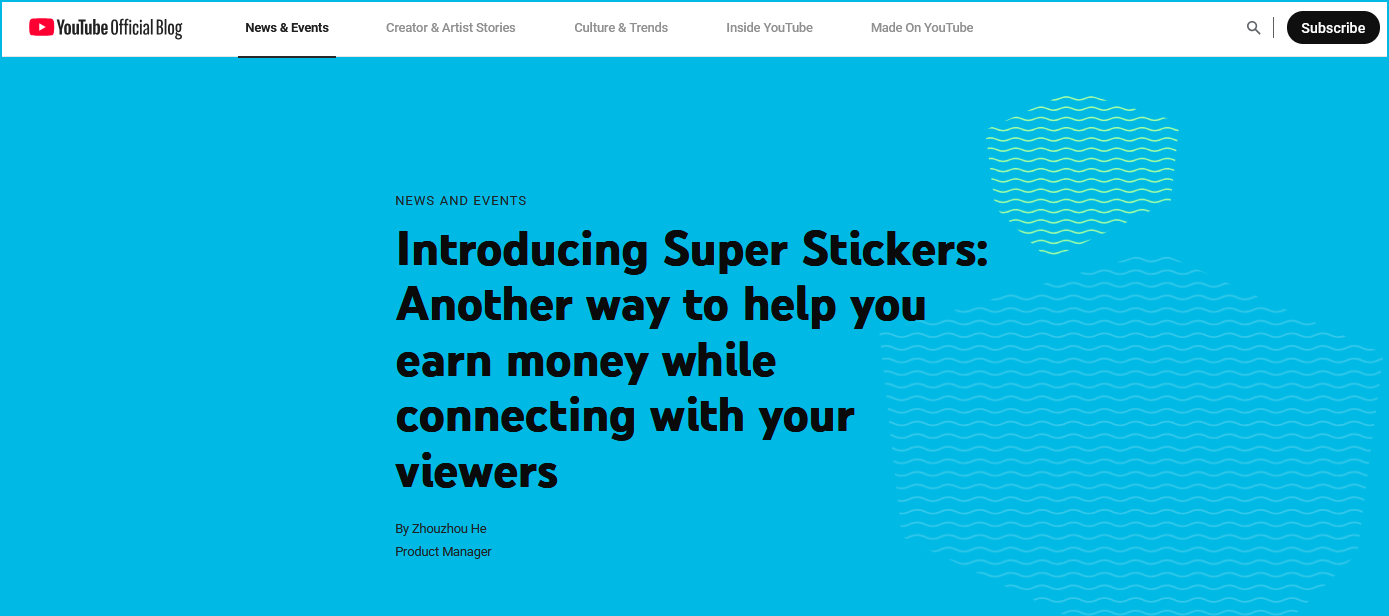 Screenshot introducing Super Stickers on YouTube