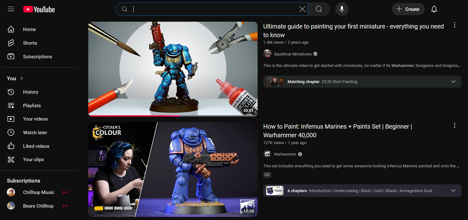 Examples of Warhammer painting channels on YouTube