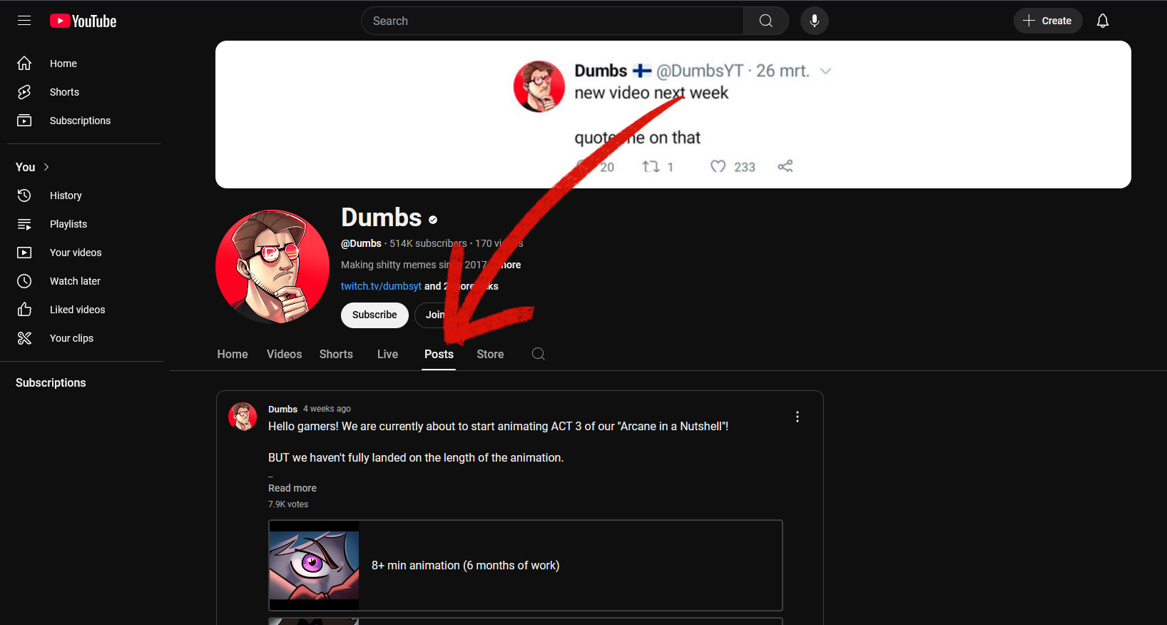 YouTube Image showing where your Posts tab is located