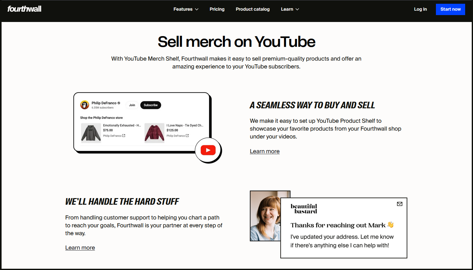 Screenshot of Fourthwall site - selling merch on YouTube
