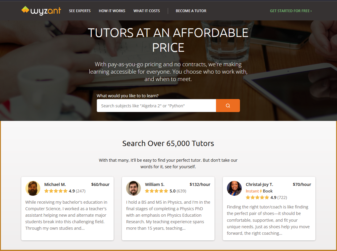 Screenshot of Wyzant tutoring site