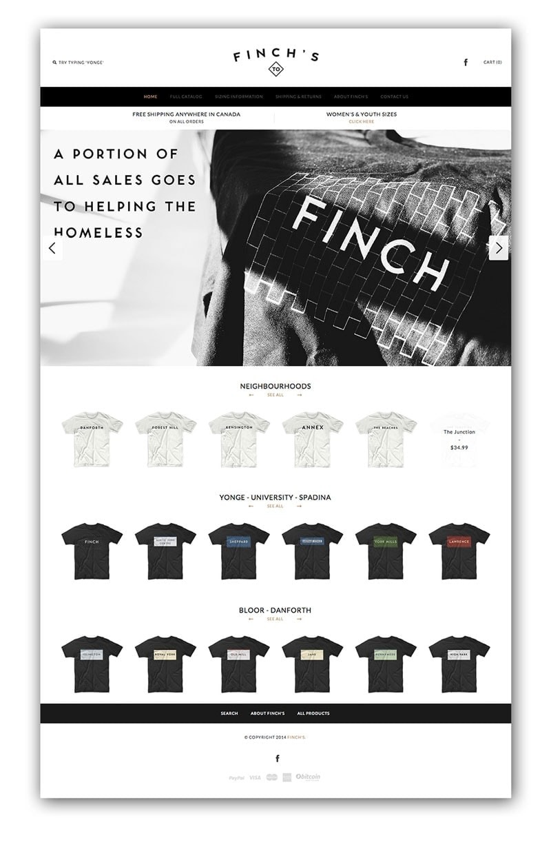 Screenshot of the Finch t-shirt business storefront.