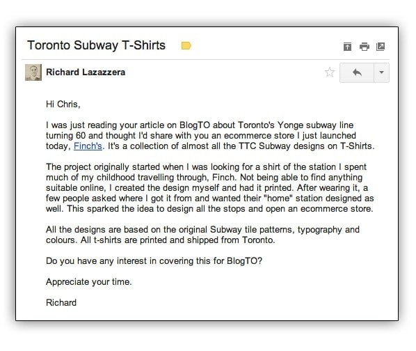 Screenshot of the outreach email requesting a BlogTO feature.