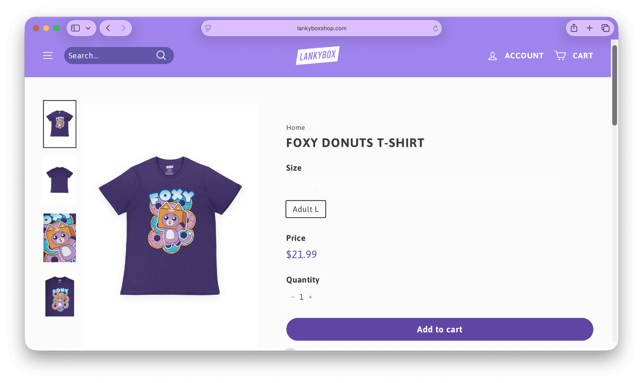 Screenshot of the LankyBox merch store featuring a custom Foxy-themed t-shirt.