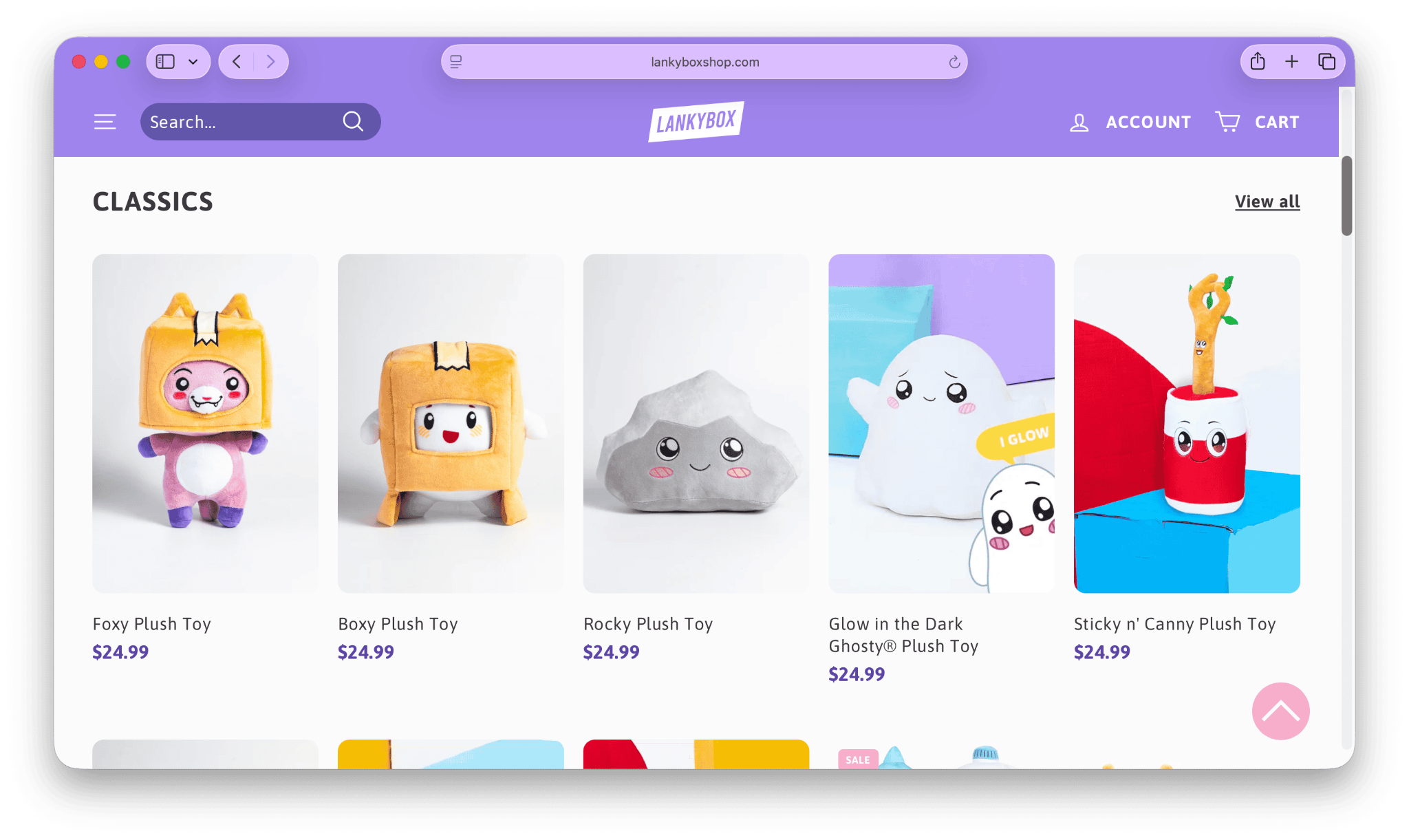 Screenshot of the LankyBox merch store featuring plush toys.
