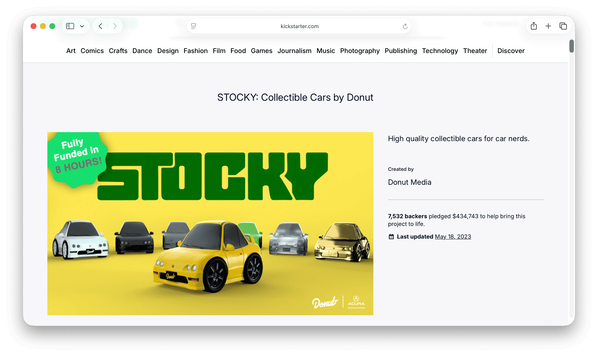 Screenshot of the STOCKY by Donut Media Kickstarter page.