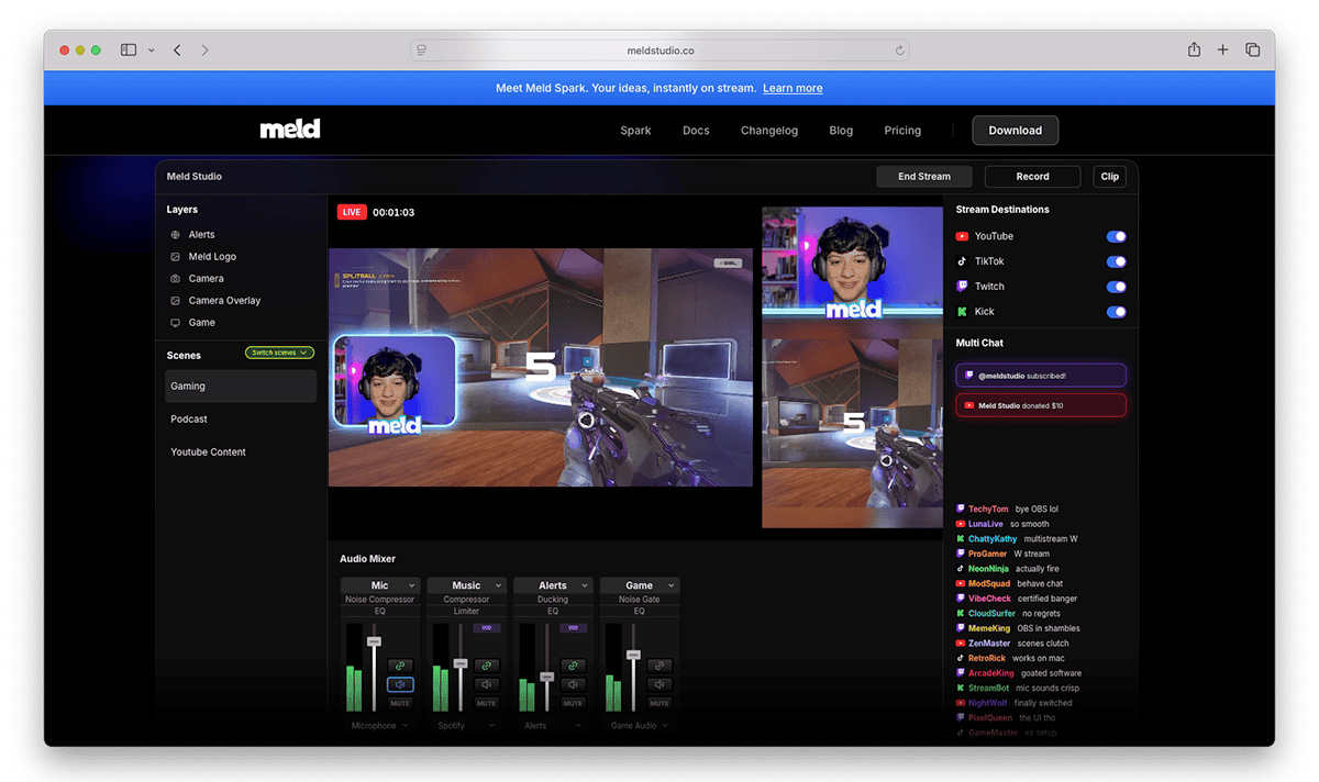 Meld Studio livestreaming software interface with gaming stream, audio mixer, and multi-chat panel.