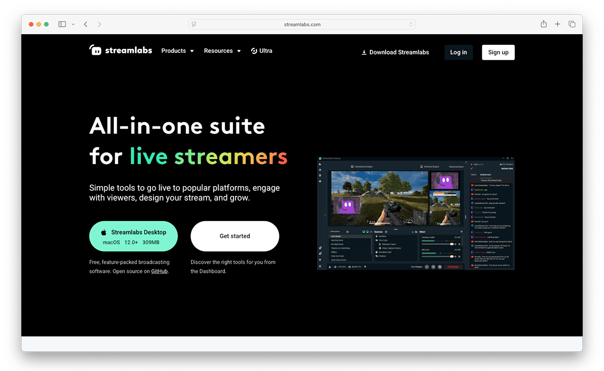 Streamlabs homepage "All-in-one suite for live streamers" with a gaming stream dashboard preview.