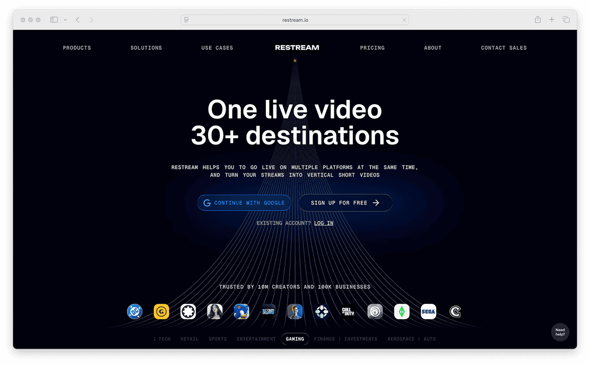 Restream homepage "One live video, 30+ destinations" with sign-up buttons and partner logos.