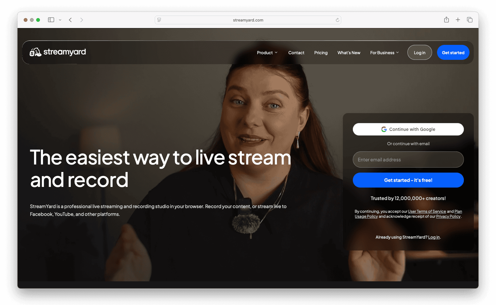 StreamYard homepage "The easiest way to live stream and record" with a woman speaking and sign-up form.