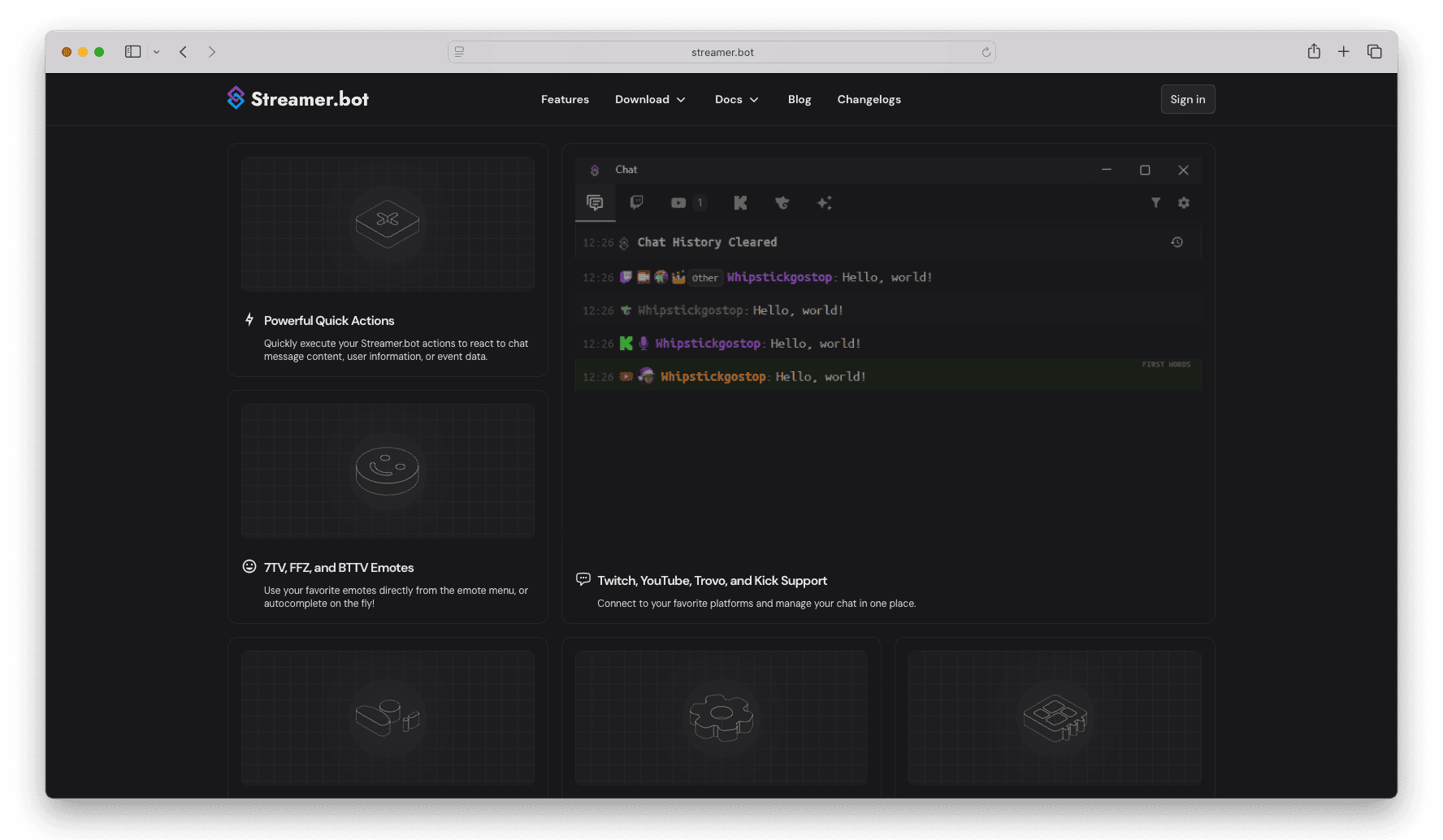 Streamer.bot website showing feature cards and a multi-platform chat window with test messages.