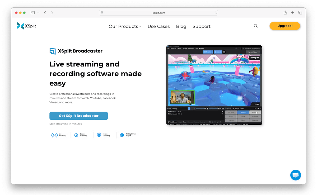 XSplit Broadcaster homepage "Live streaming and recording software made easy" with gaming interface.