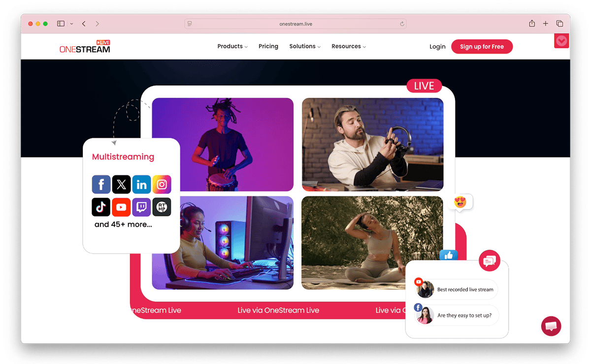 OneStream Live homepage showing multistreaming platform icons and live streamers in a photo grid.