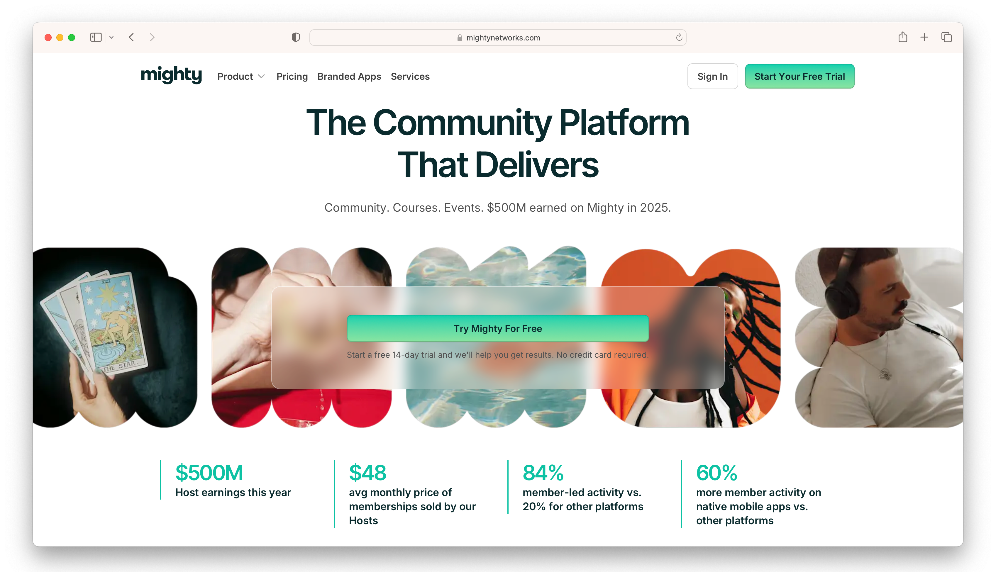 Mighty Networks homepage: "The Community Platform That Delivers," free trial community stats.