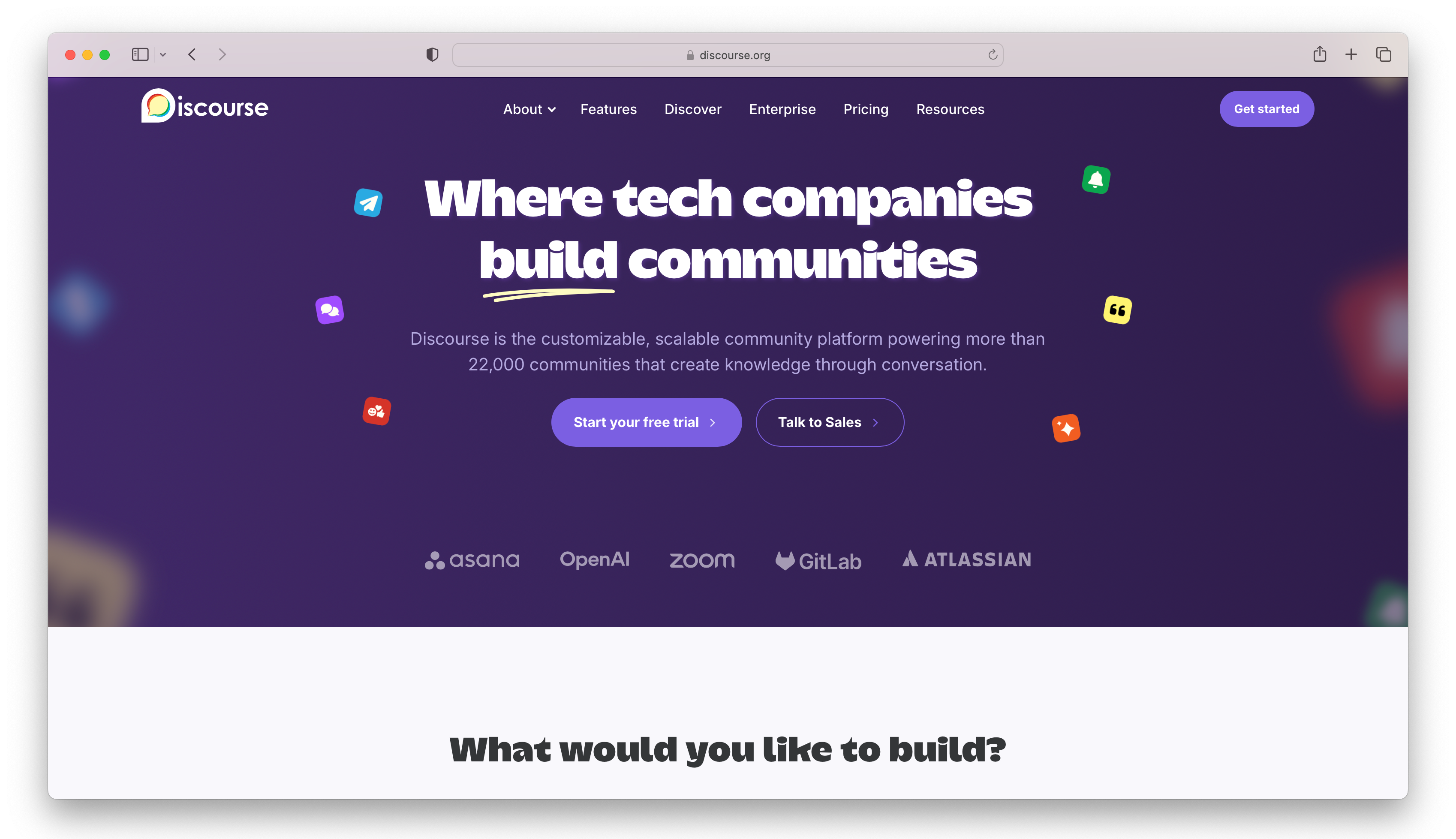 Discourse homepage: "Where Tech Companies Build Communities" community platform for 22,000+ users.