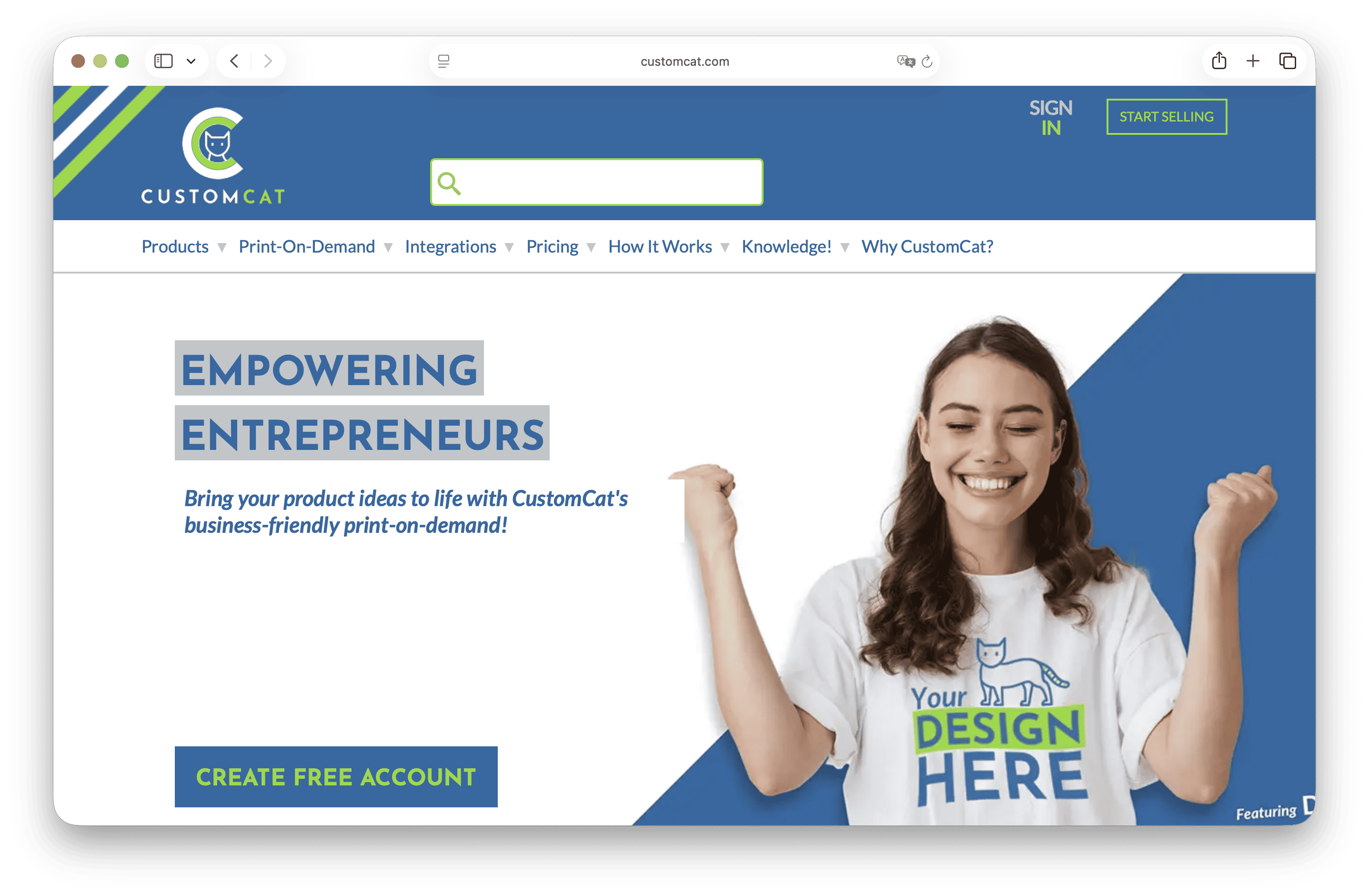 the home page of customcat, an alternative to printful