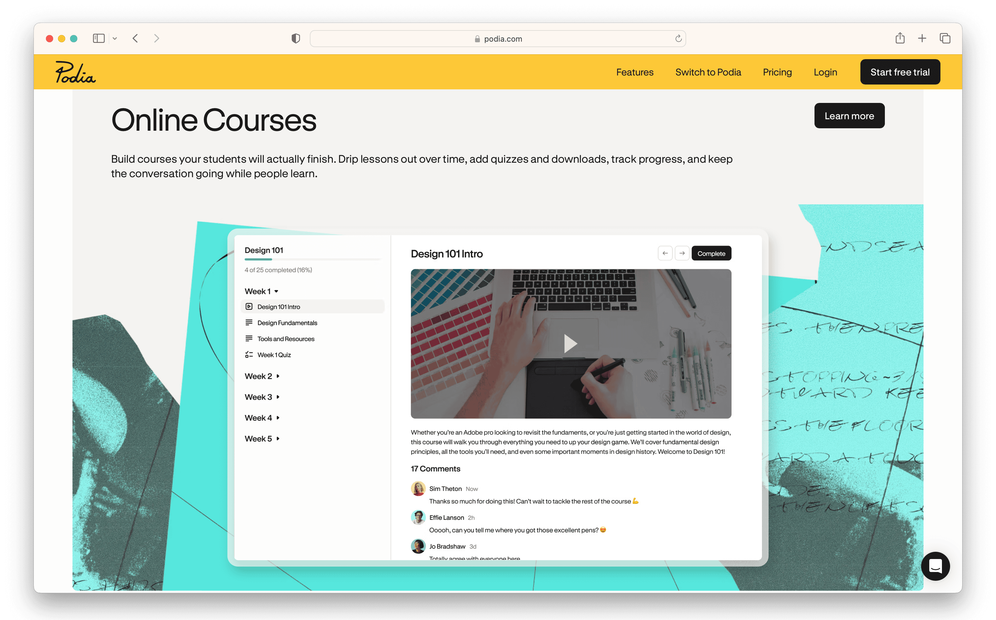 Podia online course platform page showing "Design 101" lesson interface with progress and comments.