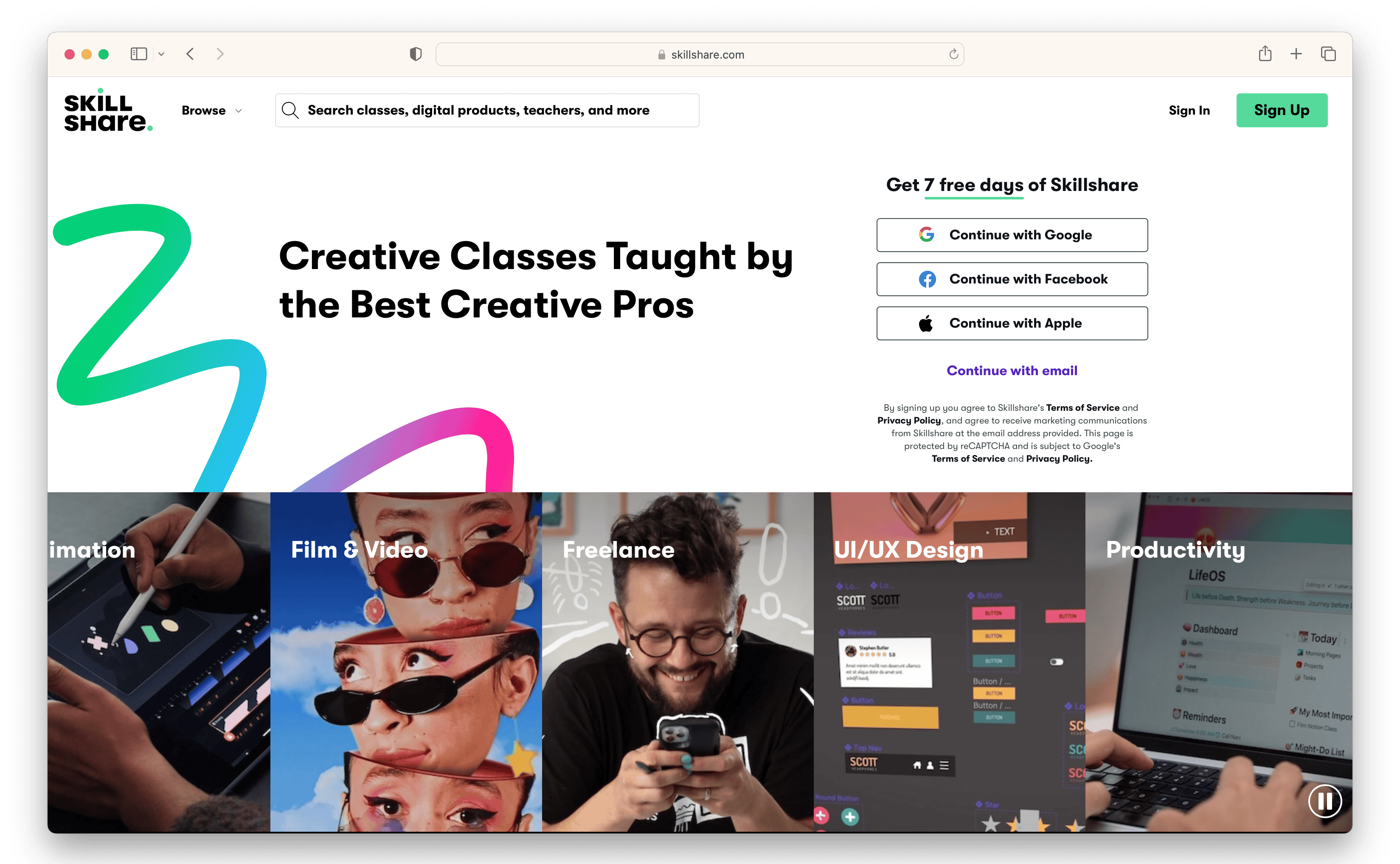Skillshare homepage: "Creative Classes Taught by the Best Pros" with sign-up and category thumbnails.