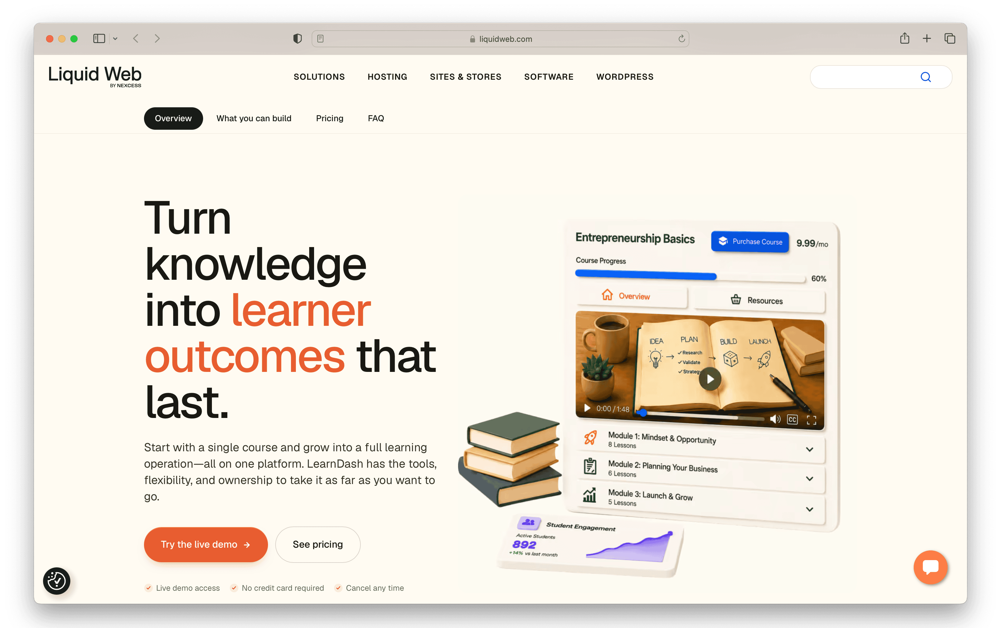 Liquid Web LearnDash page: "Turn Knowledge Into Learner Outcomes" showing course platform demo.