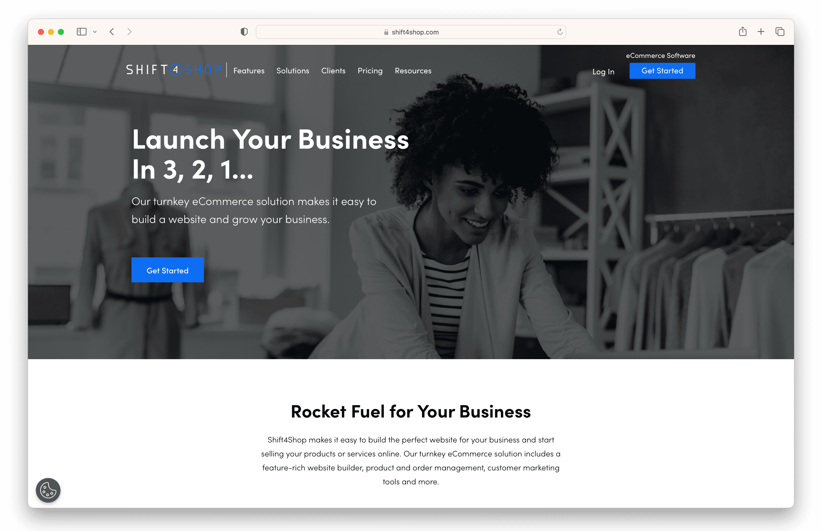 Shift4Shop homepage: "Launch Your Business in 3, 2, 1" turnkey ecommerce website builder platform.