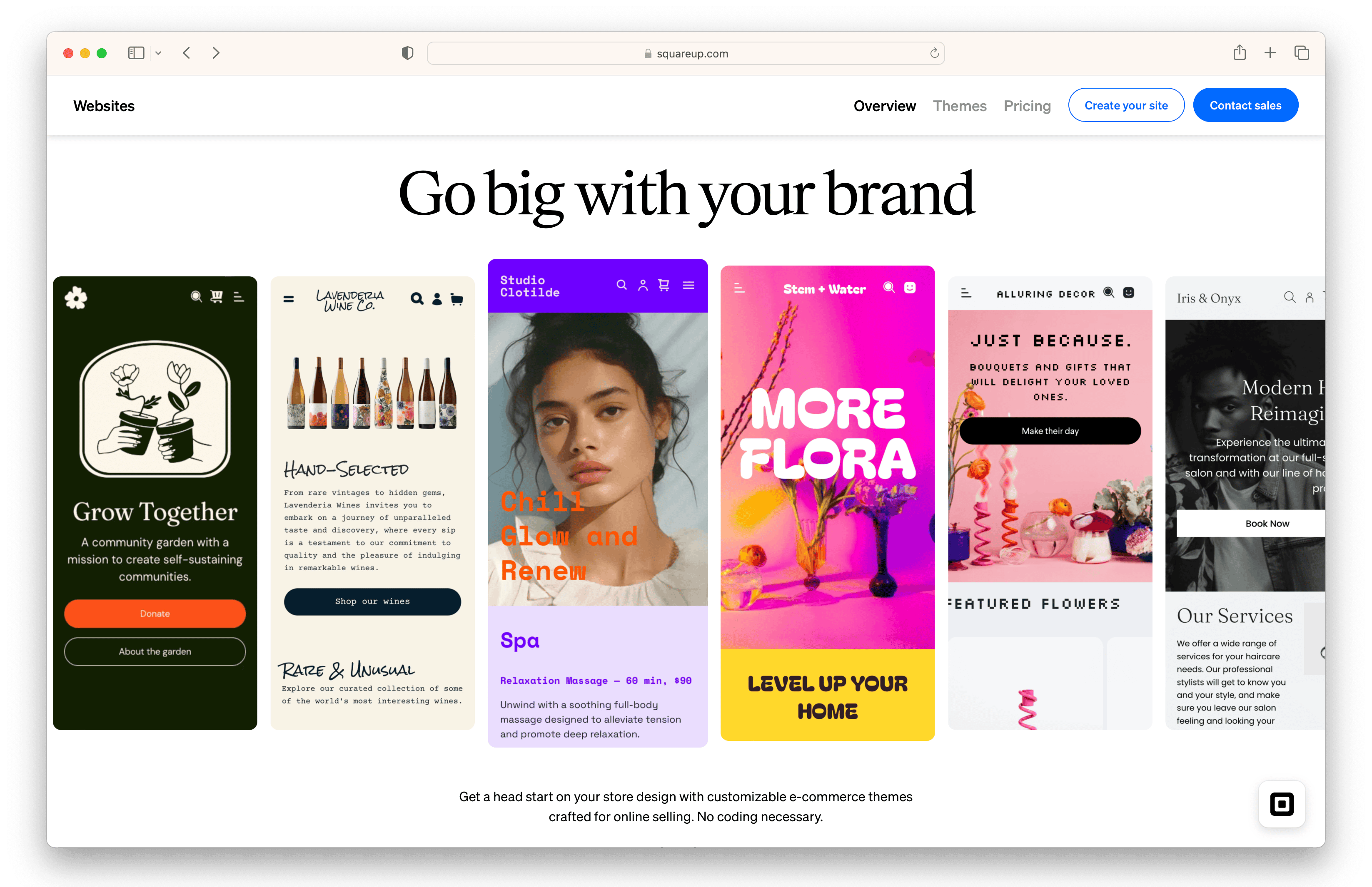 Square Websites "Go Big With Your Brand" page showing customizable ecommerce store theme templates.
