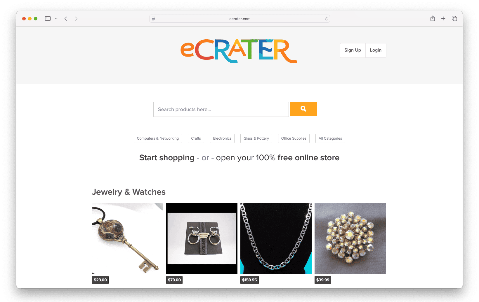 eCRATER homepage: free online store builder, jewelry and watches marketplace shopping site
