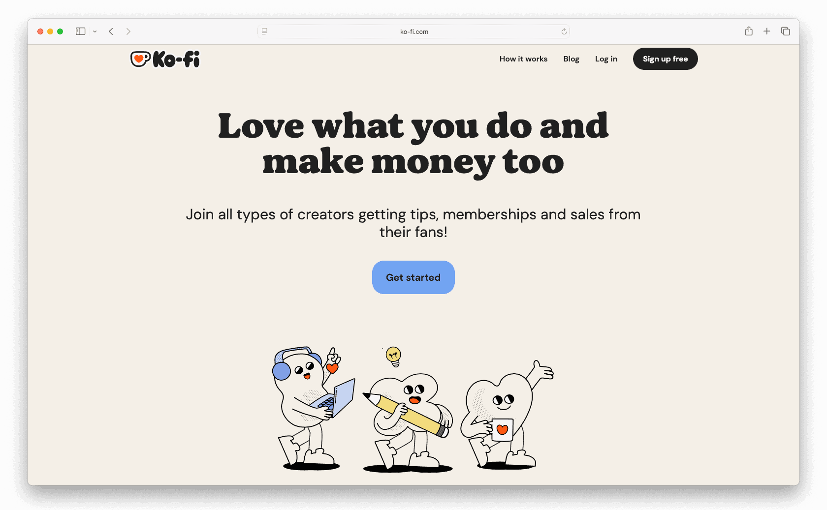 Ko-fi homepage: creator platform for tips, memberships, and fan donations, get paid online
