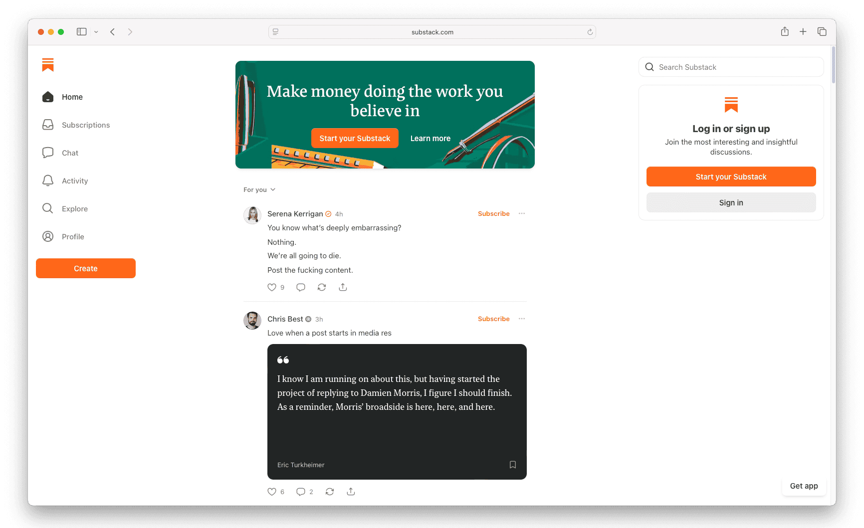 Substack homepage: newsletter platform for writers, start paid subscriptions and monetize content