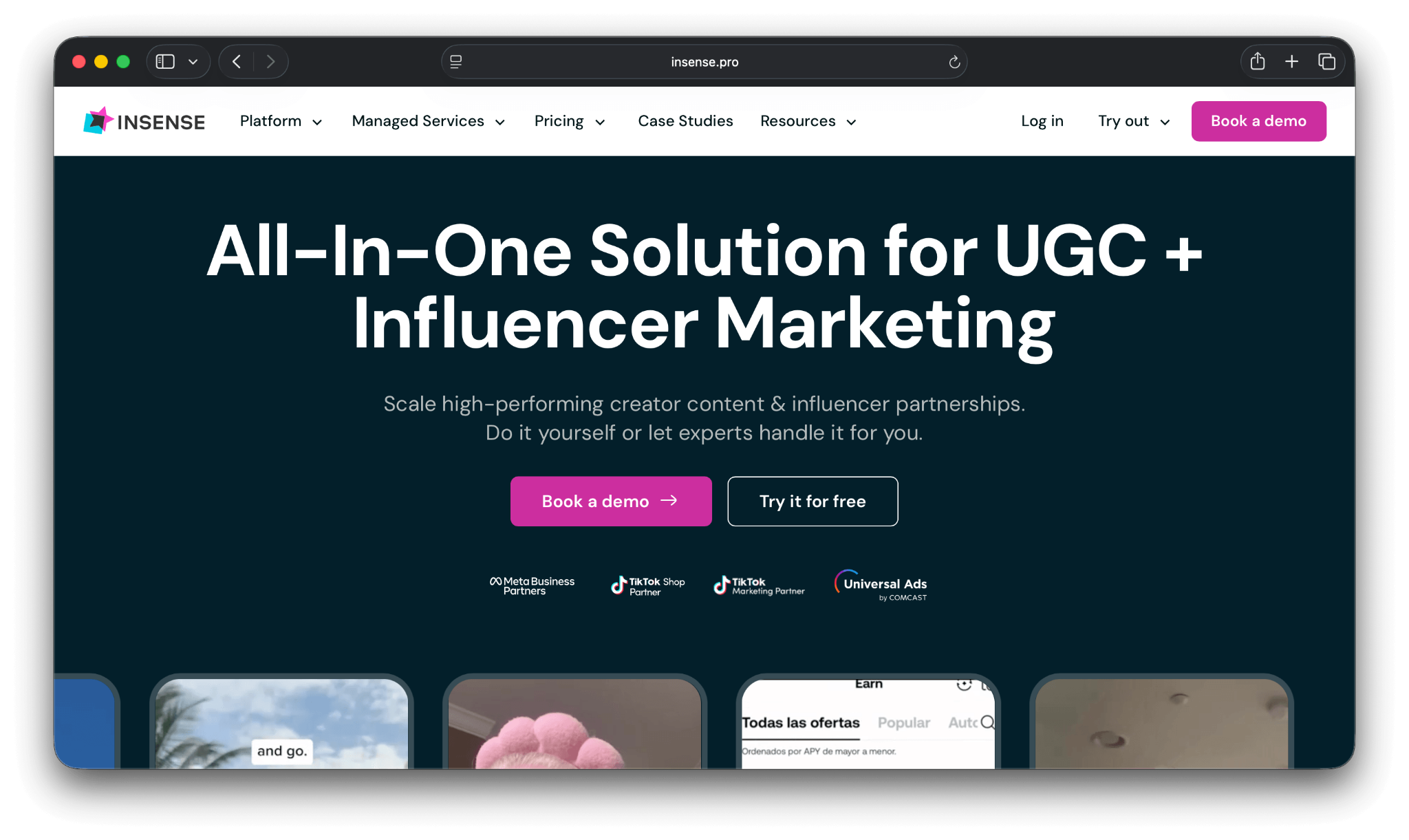 Screenshot of the Insense website.